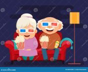 grandparents day greeting card grandmother grandfather watc watching movie home vector illustration dark background 98491804.jpg from grandma and grandfather blue film