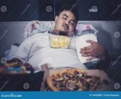 obese man sleeping junk foods bed unhealthy lifestyle concept young 154450808.jpg from chubby old man nails sleeping teens cunt