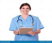 smiling pretty lady nurse working tablet pc portrait blue uniform her against white background 33821845.jpg from ladej narsh