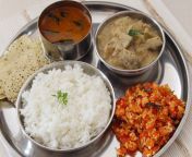 south indian meals vazhakka kootu red capsiscum poriyal mysore rasam steamed rice and roasted papad.jpg from perfect indian