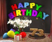 happy birthday 73 jahre glückwunschkarte mit margeriten blumenstrauß luftballons und geschenk unter glasglocke.jpg from 73tnruhrn0g