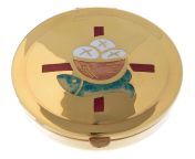 modern pyx for hosts in golden brass with fishes and loaves in red enamel molina.jpg from pyx