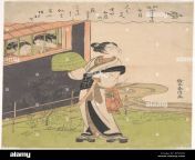 a flute playing monk komuso the fourth month uzuki from the series fashionable poetic immortals of the four seasons fuzoku shiki kasen artist suzuki harunobu japanese 1725 1770 culture japan dimensions h 11 in 279 cm w 8 316 in 208 cm date ca 1768 komuso were itinerant zen buddhist monks of the fuke sect who traveled the countryside covering their heads with oversize basketlike hats and playing bamboo flutes shakuhachi here the young monk has caught the attention of young women who ogle him from indoors he turns to watch the flight of a cuckoo bird hoto rfd9a9.jpg from fuke